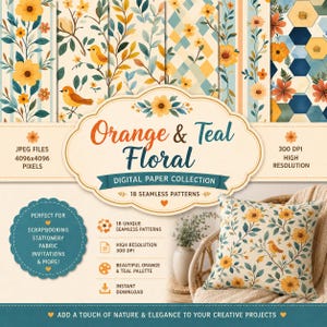 Pode incluir: Uma coleção de papel digital com 18 padrões sem costura com desenhos florais em laranja e azul-petróleo, pássaros e formas geométricas. A imagem inclui o texto Orange & Teal Floral Digital Paper Collection, 300 DPI e 4096x4096 pixels.