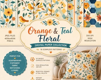 Orange and Teal Floral Digital Paper Pack, Seamless Floral Patterns, Birds, Leaves, Cottagecore Scrapbook Paper