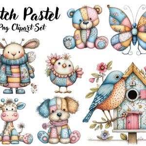 Pode incluir: Uma coleção de cliparts caprichosos em tons pastel com um ursinho de pelúcia, uma borboleta, um coelho, um pintinho, uma girafa, um cachorro e uma casinha de pássaros. Os desenhos têm uma estética de patchwork, com detalhes florais e estampados. O texto "Patch Pastel 80 Png Clipart Set" está no topo.