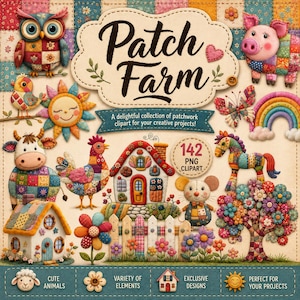 Pode incluir: Uma coleção de cliparts de patchwork com animais fofos, casas, flores e um arco-íris. A imagem inclui uma coruja, um porco, uma vaca, um galo, um rato e um cavalo, todos em um estilo colorido e caprichoso. O texto diz "Patch Farm".
