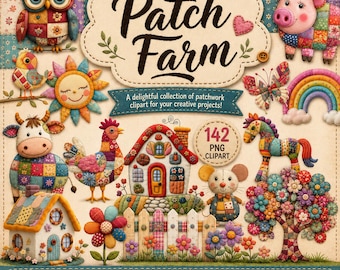 Patch Farm Clipart Bundle, 142 PNG Patchwork Farm Animals, Quilted Cute Cow Sheep Pig Chicken Clipart, Farmhouse Scrapbook, Nursery Graphics