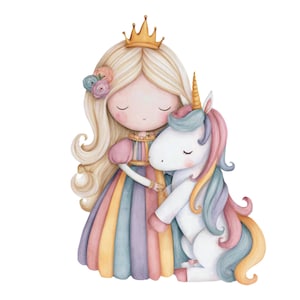 56 PNG l Unicorn and Princess Clipart Set |  Watercolor PNGs | Cute Fairy Tale Illustrations, Rainbow Castle, Magical Girl and Unicorn Art