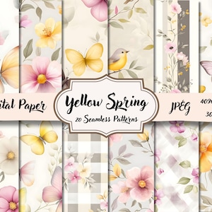 Pode incluir: Uma coleção de padrões de papel digital com ilustrações em aquarela de borboletas, flores e pássaros em cores pastel suaves. O texto "Yellow Spring" é exibido em uma faixa, juntamente com "Digital Paper" e outros detalhes.