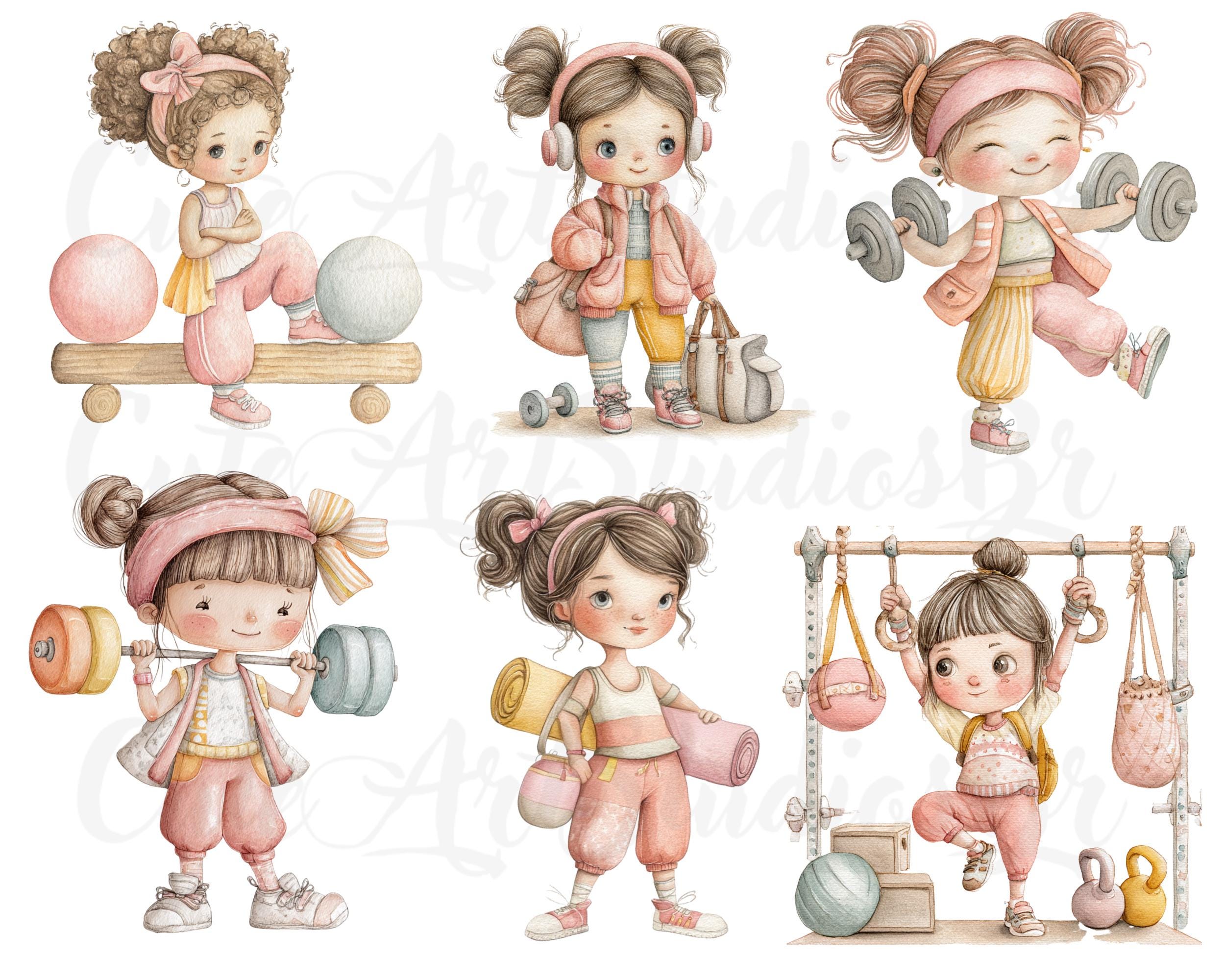 27 PNG Cute Girls at the Gym Clipart Set , Cute, Watercolor Clipart for ...