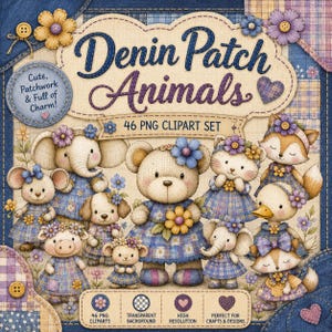 Denim Patch Animals Clipart Bundle, Patchwork Woodland Animals PNG, Teddy Bear Fox Cat Duck Mouse Elephant Pig, Cute Baby Animal Clipart Set