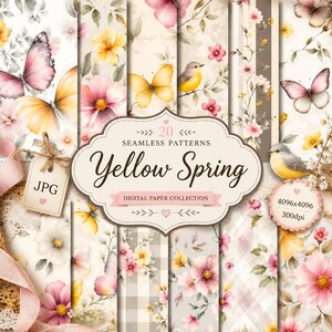 Pode incluir: Uma coleção de papel digital com 20 padrões sem costura com motivos florais amarelos e rosa, borboletas e pássaros. O rótulo central diz 20 SEAMLESS PATTERNS Yellow Spring DIGITAL PAPER COLLECTION, com JPG e 4096x4096 300dpi.