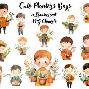 Aquarell süße Jungen, druckbare Jungen, kleine Jungen Clipart, süße Kinderzimmer Kunst, Baby Jungen Kinderzimmer Orange, Pflanzgefäße