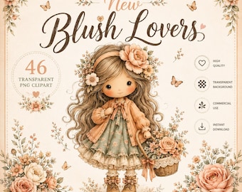 May include: Digital illustration of a doll-like character with long, wavy hair, wearing a peach-toned outfit and floral accents. The image includes the text "New Blush Lovers" and "46 Transparent PNG Clipart", with butterflies and floral decorations.
