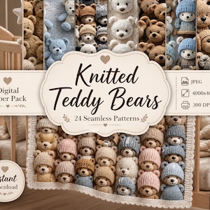 Pode incluir: Um pacote de papel digital com ursinhos de pelúcia de malha. Os ursinhos são de várias cores, incluindo castanho, branco e azul, e usam chapéus de malha. A imagem inclui o texto "Knitted Teddy Bears" e "24 Seamless Patterns".