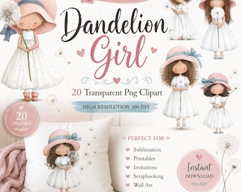 Dandelion Girl Clipart PNG Bundle, Watercolor Girl with Dandelion, Cute Spring Girl Clipart, Nursery Art, 20 PNG Files