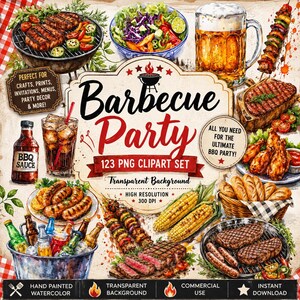 123 BBQ Clipart PNG Bundle | Barbecue Party Food & Drinks | Watercolor Grill, Beer, Steak, BBQ Party Elements