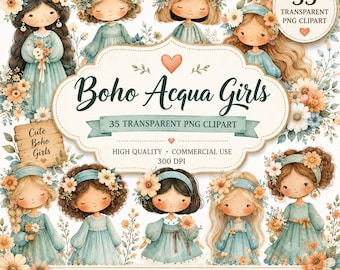 Puede incluir: Una colección digital de 35 ilustraciones clipart PNG transparentes que muestran niñas con varios colores y estilos de cabello, vistiendo vestidos azul claro y diademas florales, rodeadas de flores naranjas y blancas y follaje.