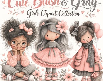 Puede incluir: Un conjunto de ilustraciones digitales titulado Cute Blush & Gray Girls Clipart Collection que presenta tres personajes con atuendos rosas y grises. Un personaje usa anteojos, otro tiene una diadema floral y el tercero sostiene globos y una canasta. Incluye 31 imágenes prediseñadas PNG.