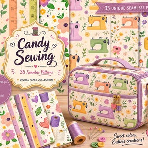 Candy Sewing Digital Paper Pack | 35 Seamless Sewing Patterns, Sewing Machine Prints, Quilting Fabric Design, Craft PNG JPG