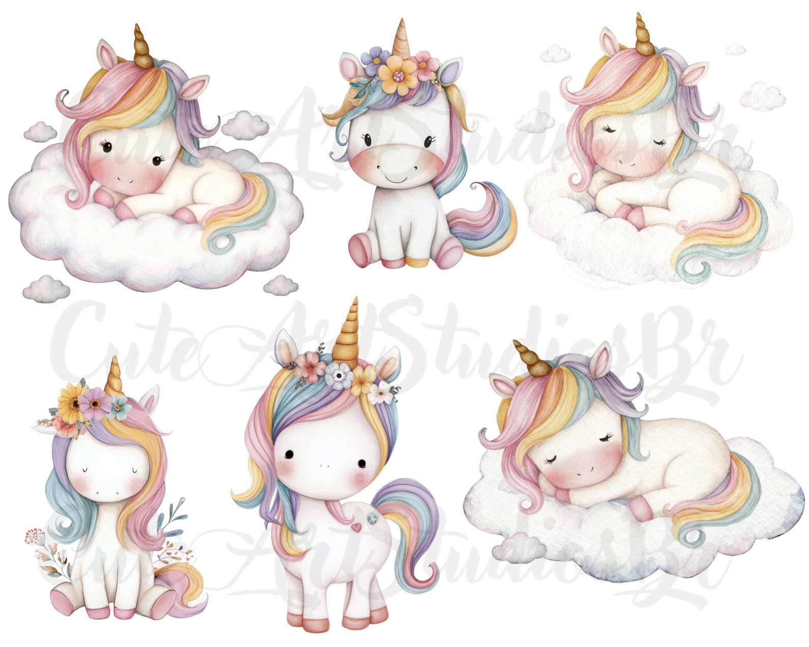 56 PNG l Unicorn and Princess Clipart Set | Watercolor PNGs | Cute ...
