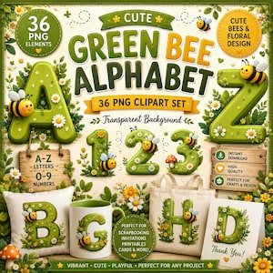 Pode incluir: Um conjunto de imagens digitais intitulado Cute Green Bee Alphabet com 36 elementos PNG, incluindo letras e números verdes decorados com abelhas, margaridas e folhas. Exemplos em almofada, caneca, bolsa e cartão com texto.