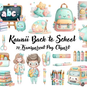 Pode incluir: Uma coleção de cliparts Kawaii de volta às aulas. A imagem apresenta uma variedade de ilustrações com temas escolares, incluindo um quadro-negro, uma mochila, lápis e um ônibus escolar. O texto "Kawaii Back to School" e "70 Transparent Png Clipart" também está incluído.