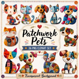 Patchwork Pets Clipart Bundle, Quilted Cat & Dog PNG, Sewing Theme Animals, Fabric Patchwork Clipart, 36 PNG Files, Crafting Clipart