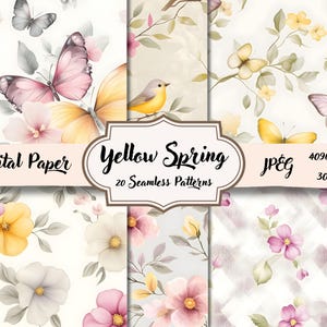 20 Digital Paper Seamless Floral Pattern, Commercial Use, Watercolor Peonies Flower, Scrapbooking  Paper, Yellow Spring,
