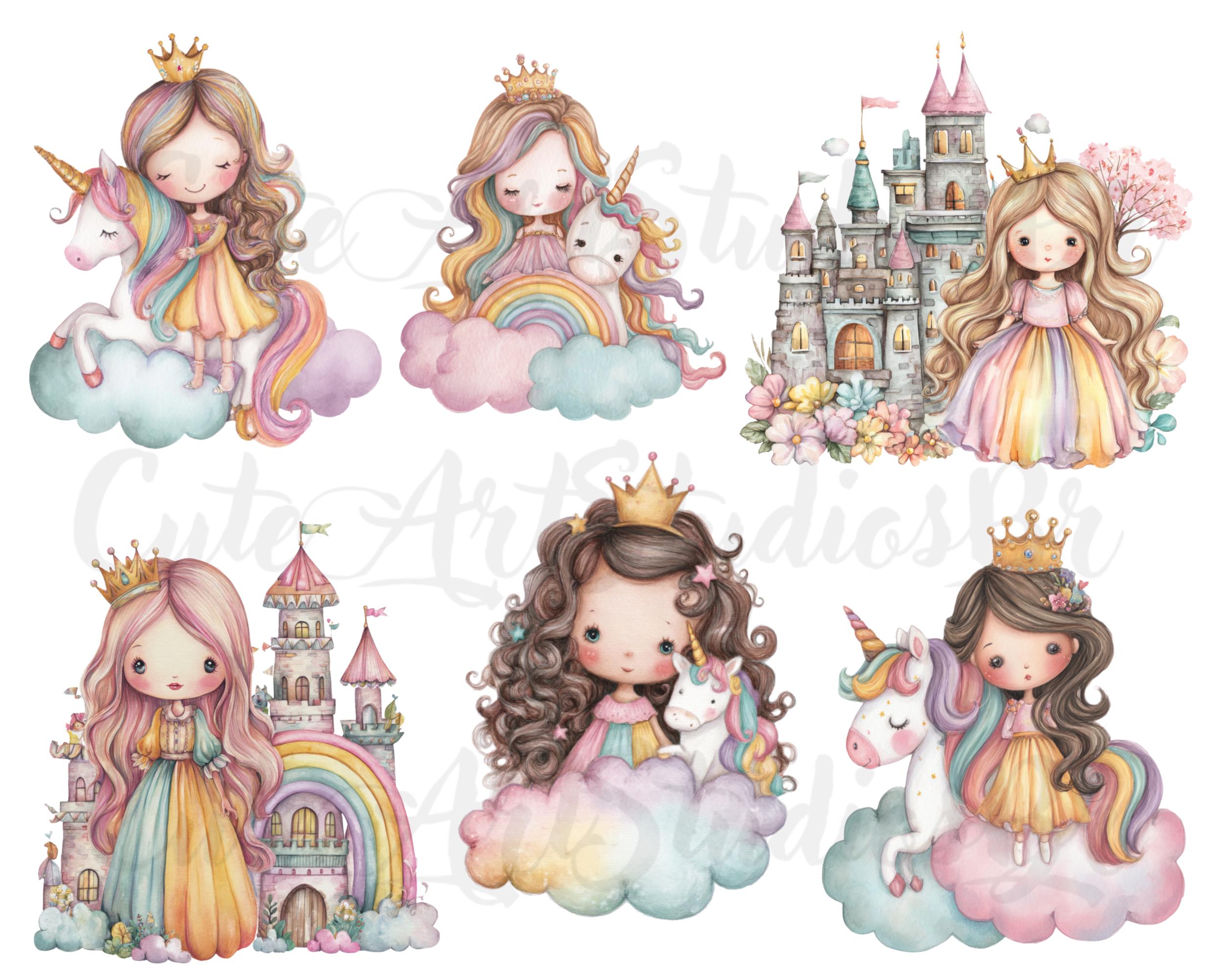 56 PNG l Unicorn and Princess Clipart Set | Watercolor PNGs | Cute ...