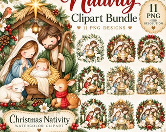 Pacchetto di clipart della Natività di Natale, Sacra Famiglia ad acquerello in formato PNG, Gesù Bambino, Maria e Giuseppe, clipart natalizie cristiane, scena della Natività