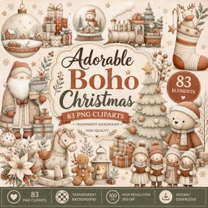 Pode incluir: Uma coleção digital de 83 elementos de clipart com tema natalino, incluindo Papai Noel, cavalo de balanço, boneco de gengibre, trem, árvore de Natal, meia e caixas de presente em uma paleta de cores marrom e creme com texto.