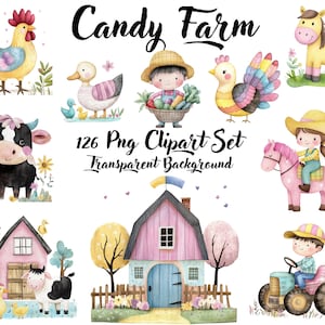 Aquarelle, jolie ferme, ferme de bonbons, clipart, oiseaux, garçon, fille, hibou, fleur, coccinelle, vache, cochon, poule, canard, chien, tracteur