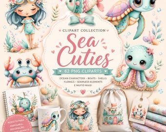 Pacchetto di 82 clipart PNG di simpatici animali marini, animali dell'oceano, sirena kawaii, tartaruga, granchio, polpo, clipart marine per la cameretta, grafica oceano per bambini