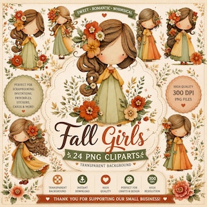 Pode incluir: Coleção de arte digital "Fall Girls" com ilustrações de meninas em vestidos com tema de outono e adereços florais. A imagem inclui o texto "Perfect for Scrapbooking, Invitations, Printables, Stickers, Cards & More!"