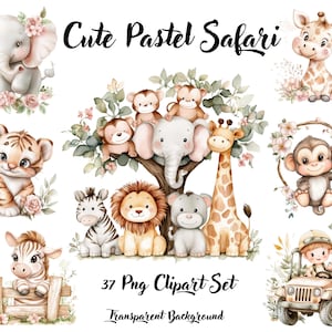 Clipart d'animaux mignons à l'aquarelle, Animaux mignons de safari, Safari aquarelle, Cliparts d'animaux de pépinière, Lion, Éléphant, Singe, Zèbre, Tigre