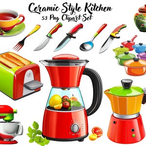 53 PNG-Cliparts zum Thema Keramikküche, niedliche Keramikküche, gewerbliche Nutzung, Vase, Pfanne, Tasse, Messer, Gabel, Mixer, Toaster