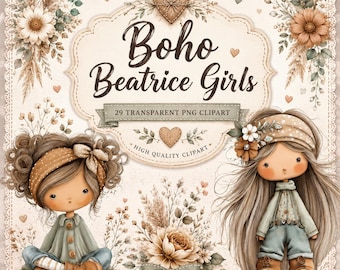 29 PNG Cute Girls Clipart Set | Cute Floral Girls, Cute, Pastel Boho Clipart for Crafts & Invitations - Boho Beatrice Girls