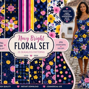 Pode incluir: Um conjunto de papel digital com 20 padrões florais sem costura em azul marinho, rosa e amarelo. A imagem mostra uma mulher com um vestido floral, demonstrando o uso para tecido, roupa e decoração.