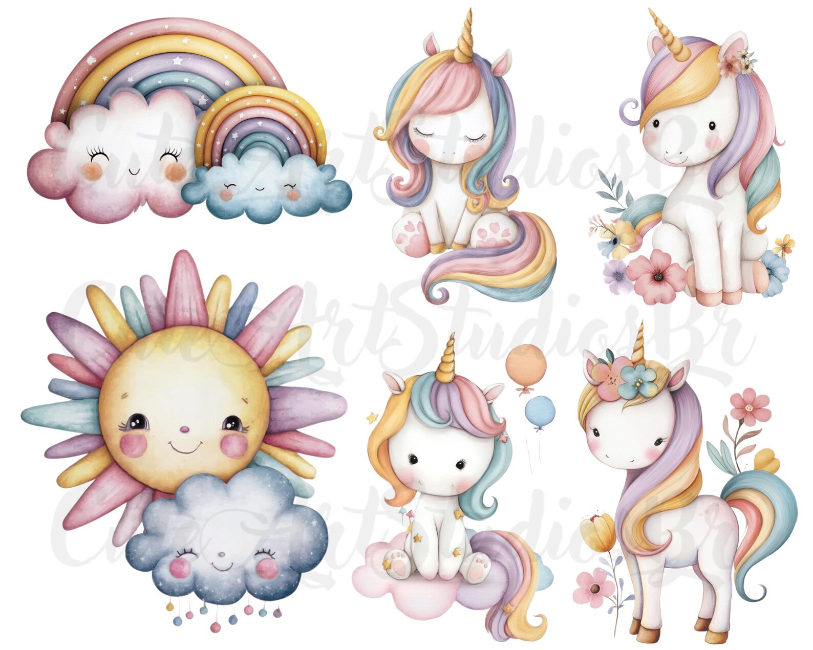 56 PNG l Unicorn and Princess Clipart Set | Watercolor PNGs | Cute ...