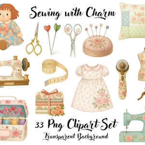 Pode incluir: Uma coleção de cliparts em aquarela com tema de costura, incluindo uma boneca, tesouras, máquinas de costura, um vestido e um alfineteiro. O conjunto apresenta uma variedade de cores pastel e designs florais, com o texto "Sewing with Charm" e "33 Png Clipart Set".