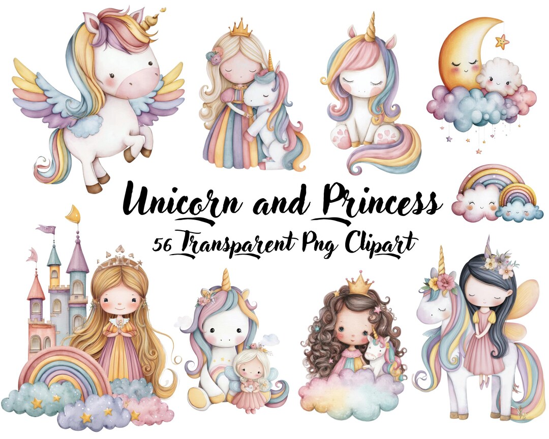Unicorn and Princess Clipart Set | 56 Watercolor Pngs | Cute Fairy Tale ...