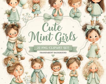 Puede incluir: Un conjunto de imágenes digitales con 21 ilustraciones de niñas pequeñas con atuendos de color verde menta, con varios peinados, accesorios y poses. El texto central dice Cute Mint Girls 21 PNG Clipart Set Transparent Background.