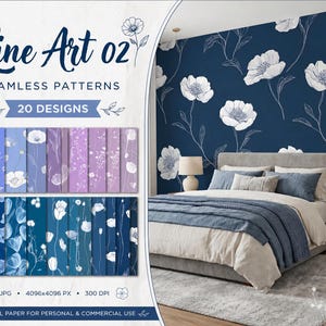 Floral Line Art Seamless Patterns, Minimalist Botanical Digital Paper, Blue Purple Backgrounds, 20 JPG Patterns, Commercial Use