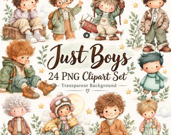 Puede incluir: Una colección digital de 24 ilustraciones en acuarela que muestran a varios personajes jóvenes con diversos atuendos, incluyendo equipo de aviador, suéteres y overoles, acentuados con pequeñas estrellas, nubes y follaje, con el texto Just Boys 24 PNG Clipart Set.