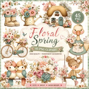 45 PNG Floral Spring Clipart Set |  Watercolor PNGs | Cute Floral Girls, Spring Flowers, Pastel Boho Clipart for Crafts & Invitations