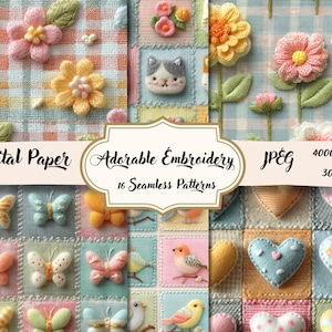 Cute Embroidery Seamless Patterns – 16 Digital Papers, Pastel Flowers, Butterflies & Patchwork Textures