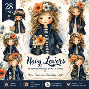 28 Navy Lovers Girl PNG Clipart Bundle, Floral Navy Blue Girls, Boho Flower Crown Dolls, Vintage Girl PNG, Transparent Background