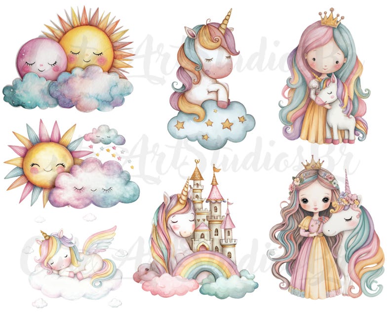 56 PNG L Unicorn and Princess Clipart Set | Watercolor Pngs | Cute ...