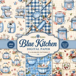 Pode incluir: Uma coleção de papel digital intitulada Blue Kitchen com seis padrões contínuos com eletrodomésticos de cozinha azuis, bules, tigelas e motivos florais. Os gráficos incluem uma batedeira, cafeteira, fritadeira e utensílios.