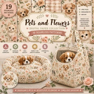 Pode incluir: Uma coleção de papel digital intitulada Pets and Flowers com 19 padrões sem costura com ilustrações de filhotes e gatinhos entre motivos florais. O conjunto inclui uma cama redonda e uma bolsa de transporte para animais de estimação.