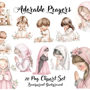 Può includere: Set di clipart ad acquerello con 20 immagini PNG di bambini e figure in preghiera. Le immagini includono bambini in varie pose, che indossano abiti e cuffie, con accenti floreali. Il testo "Adorable Prayers" e "20 Png Clipart Set Transparent Background" sono inclusi.