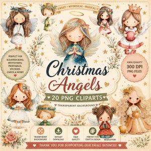 Pode incluir: Um gráfico de arte digital com vários anjos de Natal em aquarela com auréolas e asas. A imagem inclui o texto "Christmas Angels" e "20 PNG Cliparts". Perfeito para scrapbooking, convites, imprimíveis, adesivos, cartões e muito mais!