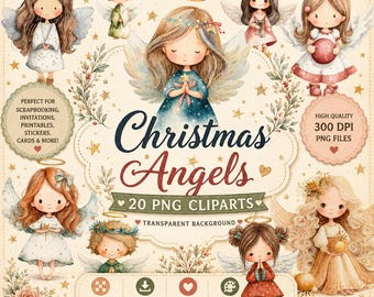 Christmas Angels Clipart Bundle, Cute Watercolor Angel Girls PNG, Holiday Kids Clipart, Christmas Sublimation, Nursery Angel PNG, Printable
