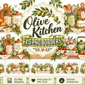 Pode incluir: Uma coleção de 15 bordas digitais PNG com ilustrações de cozinha em estilo aquarela. Os designs incluem ramos de oliveira, tábuas de corte de madeira, jarras de cerâmica, xícaras de chá, potes com etiquetas e vários detalhes florais.