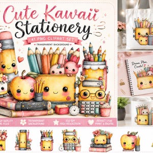 Może przedstawiać: Kolekcja uroczych ilustracji artykułów papierniczych kawaii. Obraz przedstawia ołówek, jabłko, kalkulator i inne materiały szkolne z uśmiechniętymi twarzami. Tekst brzmi "Cute Kawaii Stationery" i "41 PNG Clipart Set". Znajdują się tu również obrazy torby, notatnika i kubka.
